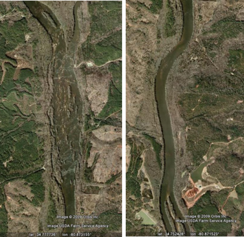 Figure 1. Aerial view of the Catawba River in the vicinity of the diorite outcrop (left) and immediately downstream (right). Both photos are at the same scale and captured from Google Earth.